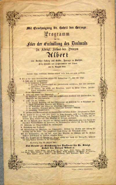 Original-Programm zur Einweihung des Prinz-Albert-Denkmals.